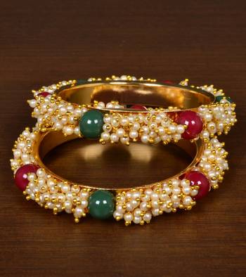 Gold Plated Red, Green Stone and Seed Pearls Pair of Designer Bangles for Women 1