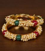 Gold Plated Red, Green Stone and Seed Pearls Pair of Designer Bangles for Women