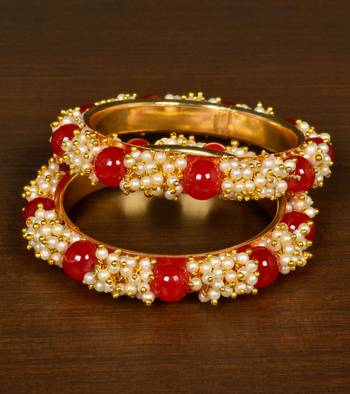 Gold Plated Red Stone and Seed Pearls Pair of Designer Bangles for Women 2