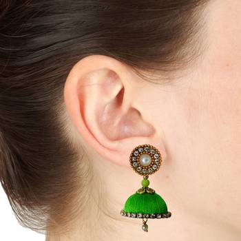 Handmae Silk Thread Lawn Green and Black Dangler Jhumka Earrings combo Set 3