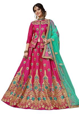 Pink Embroidered Art Silk Semi Stitched Lehenga With Dupatta 1