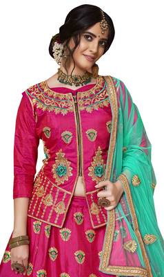 Pink Embroidered Art Silk Semi Stitched Lehenga With Dupatta 2