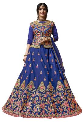 Blue Embroidered Silk Semi Stitched Lehenga With Dupatta 1