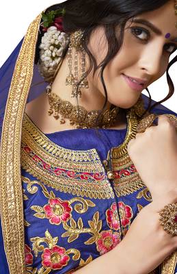 Blue Embroidered Silk Semi Stitched Lehenga With Dupatta 2