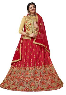 Red Embroidered Silk Semi Stitched Lehenga With Dupatta 1