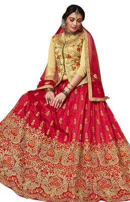 Red Embroidered Silk Semi Stitched Lehenga With Dupatta 2