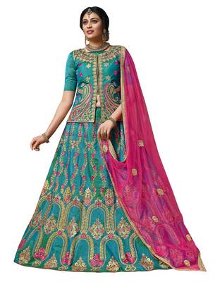 Sky Blue Embroidered Art Silk Semi Stitched Lehenga With Dupatta 1