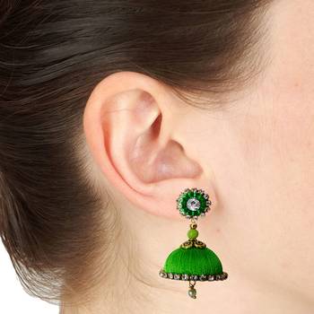 Handmae Silk Thread Lawn Green and Peacock Green Dangler Jhumka Earrings combo Set 2 3