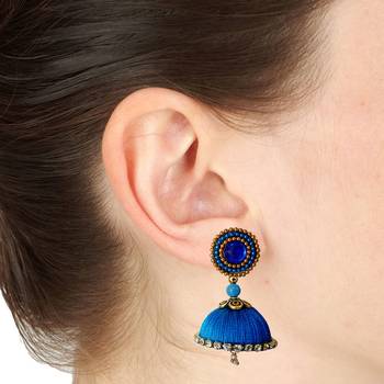 Handmae Silk Thread Metalic Brown and Dark Sky Blue Dangler Jhumka Earrings combo Set 3