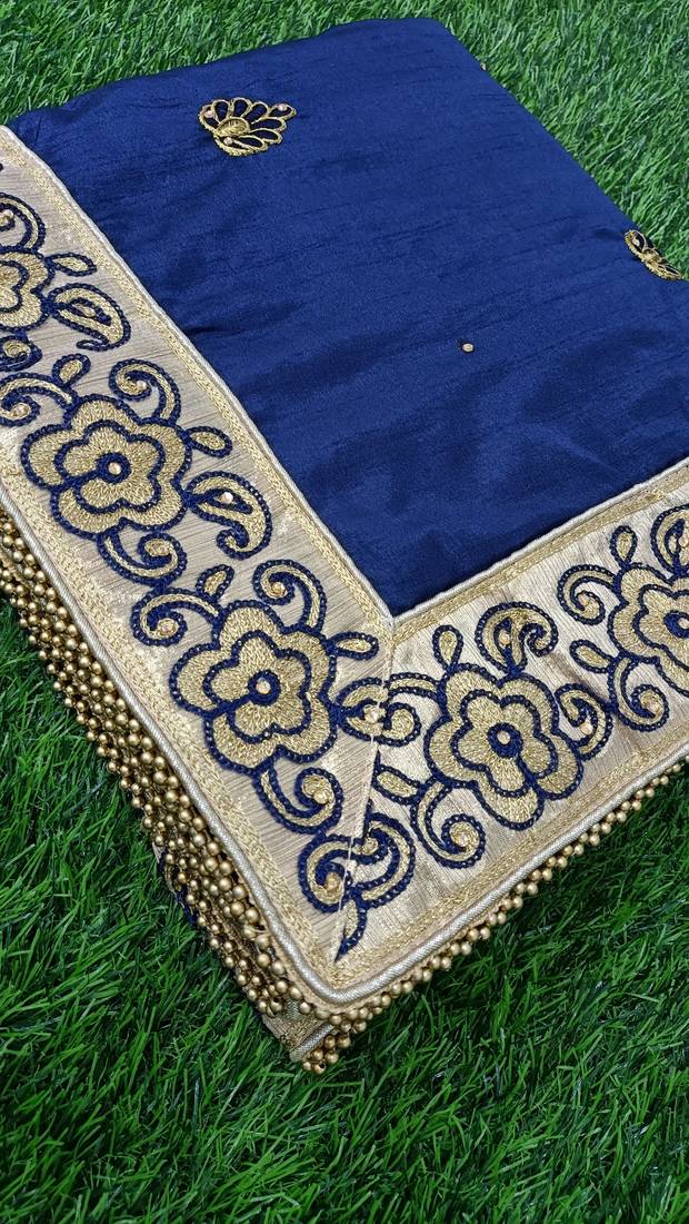 Trendmalls Light Navy Blue Silk Fabric Embroidered Designer Indian Wedding Saree with Blouse