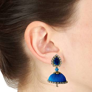 Handmae Silk Thread Pink and Dark Sky Blue Dangler Jhumka Earrings combo Set 1 3