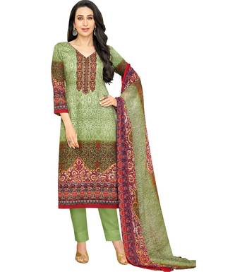 Green Satin Cotton Printed & Embroidered Unstitched Salwar Suit 1