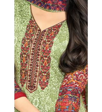 Green Satin Cotton Printed & Embroidered Unstitched Salwar Suit 4