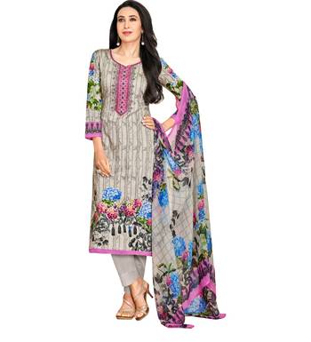 Grey Satin Cotton Printed & Embroidered Unstitched Salwar Suit 1
