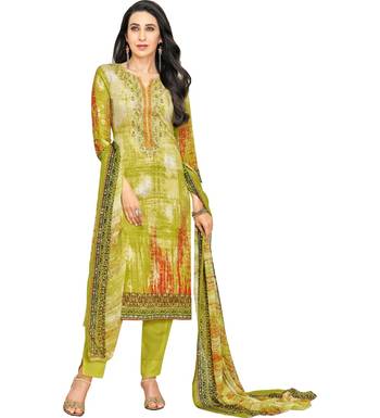 Parrot Green Satin Cotton Printed & Embroidered Unstitched Salwar Suit 1