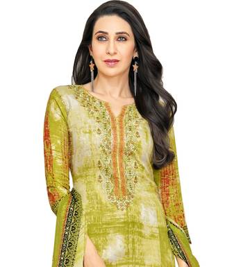 Parrot Green Satin Cotton Printed & Embroidered Unstitched Salwar Suit 3