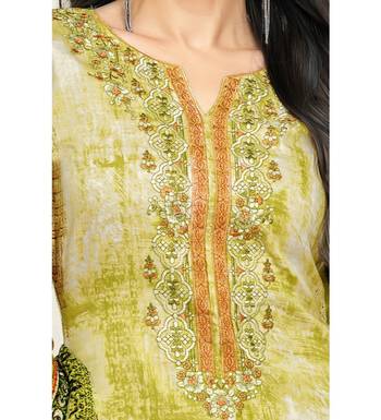 Parrot Green Satin Cotton Printed & Embroidered Unstitched Salwar Suit 4