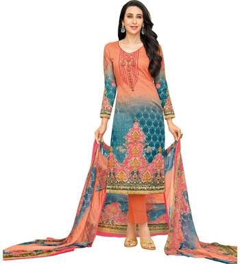 Orange Satin Cotton Printed & Embroidered Unstitched Salwar Suit 1