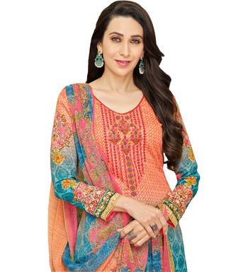 Orange Satin Cotton Printed & Embroidered Unstitched Salwar Suit 3