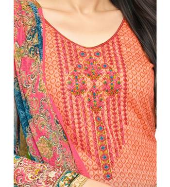 Orange Satin Cotton Printed & Embroidered Unstitched Salwar Suit 4