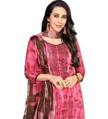 Pink Satin Cotton Printed & Embroidered Unstitched Salwar Suit 3