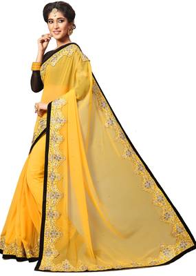 Yellow embroidered georgette saree with blouse 3