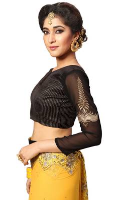 Yellow embroidered georgette saree with blouse 5