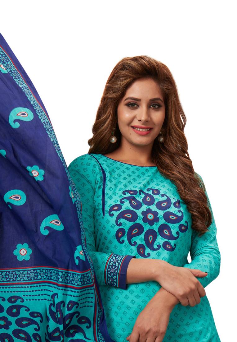 Turquoise And Blue Cotton Printed Dress Material With Zari Border