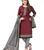 Maroon And Grey Cotton Printed Dress Material With Dupatta