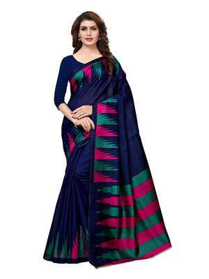 Navy-Blue Plain Art Silk Saree With Blouse 1