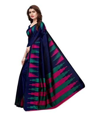 Navy-Blue Plain Art Silk Saree With Blouse 2