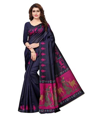 Navy Blue Plain Art Silk Saree With Blouse 1