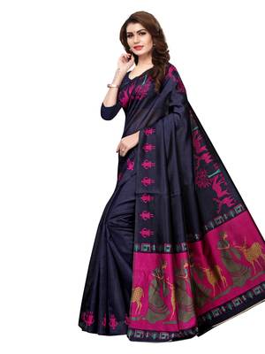 Navy Blue Plain Art Silk Saree With Blouse 2