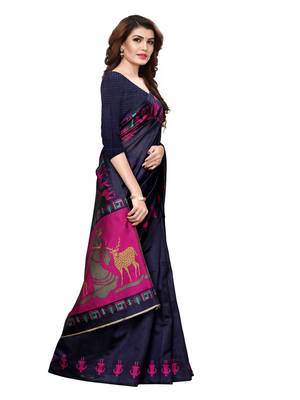 Navy Blue Plain Art Silk Saree With Blouse 3