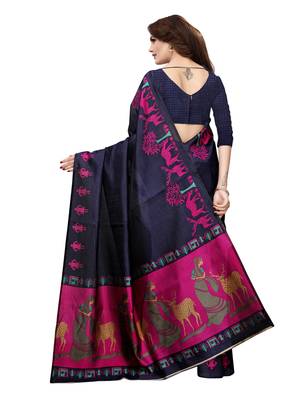 Navy Blue Plain Art Silk Saree With Blouse 4