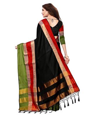 Black Woven Silk Blend Saree With Blouse 4