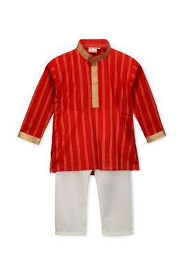  Red Festive Lines Kurta Pyjama For Boys 1