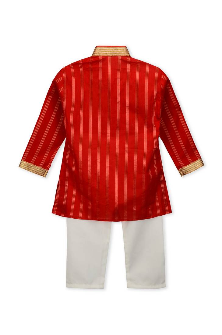  Red Festive Lines Kurta Pyjama For Boys