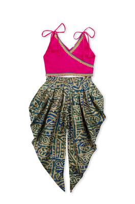 Pink Embroidered Art Silk Kids Dhoti With Angrakha Choli 1
