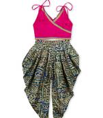 Pink Embroidered Art Silk Kids Dhoti With Angrakha Choli