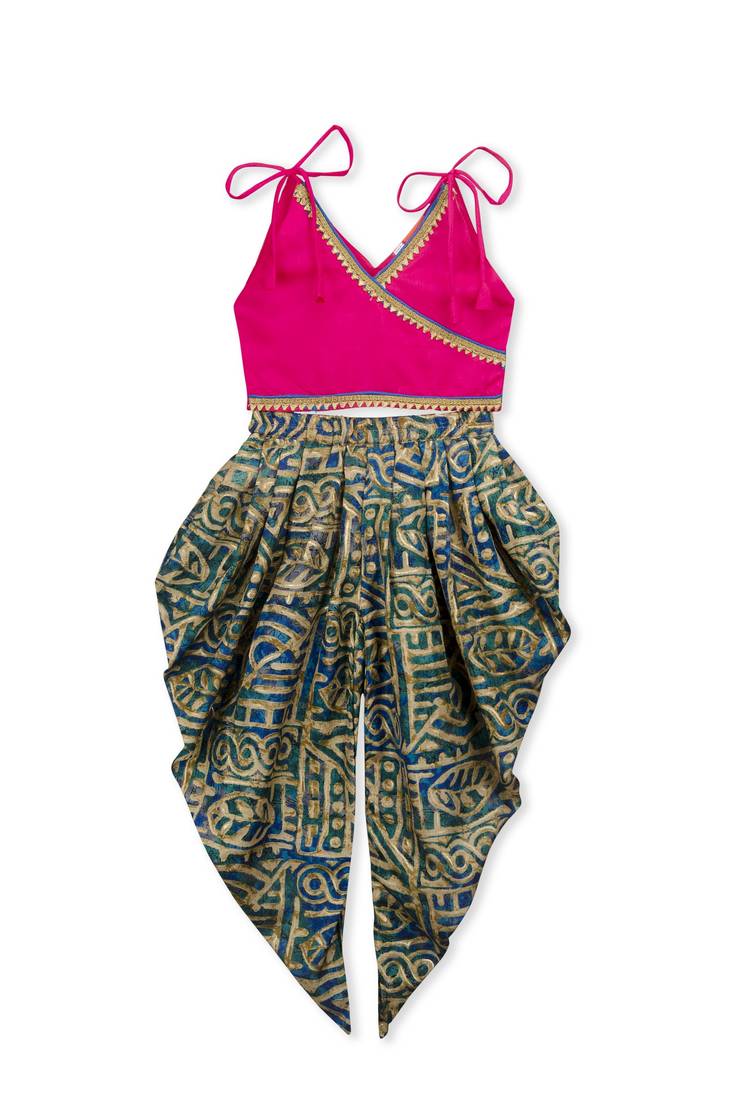 Pink Embroidered Art Silk Kids Dhoti With Angrakha Choli
