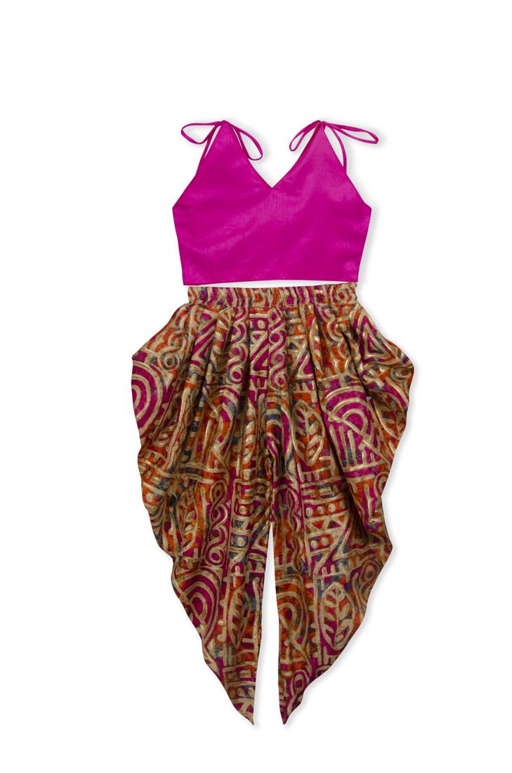 Rani Embroidered Art Silk Kids Dhoti With Angrakha Choli