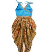 Sky Blue Embroidered Art Silk Kids Dhoti With Angrakha Choli