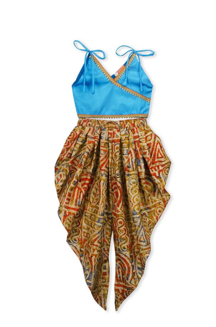 Sky Blue Embroidered Art Silk Kids Dhoti With Angrakha Choli