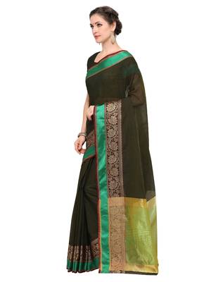 Green Woven Cotton Saree With Blouse 2
