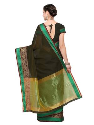 Green Woven Cotton Saree With Blouse 3