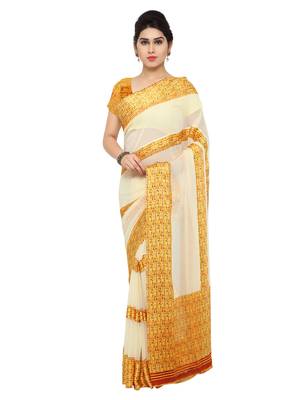 Off White Printed Chiffon Saree With Blouse 1