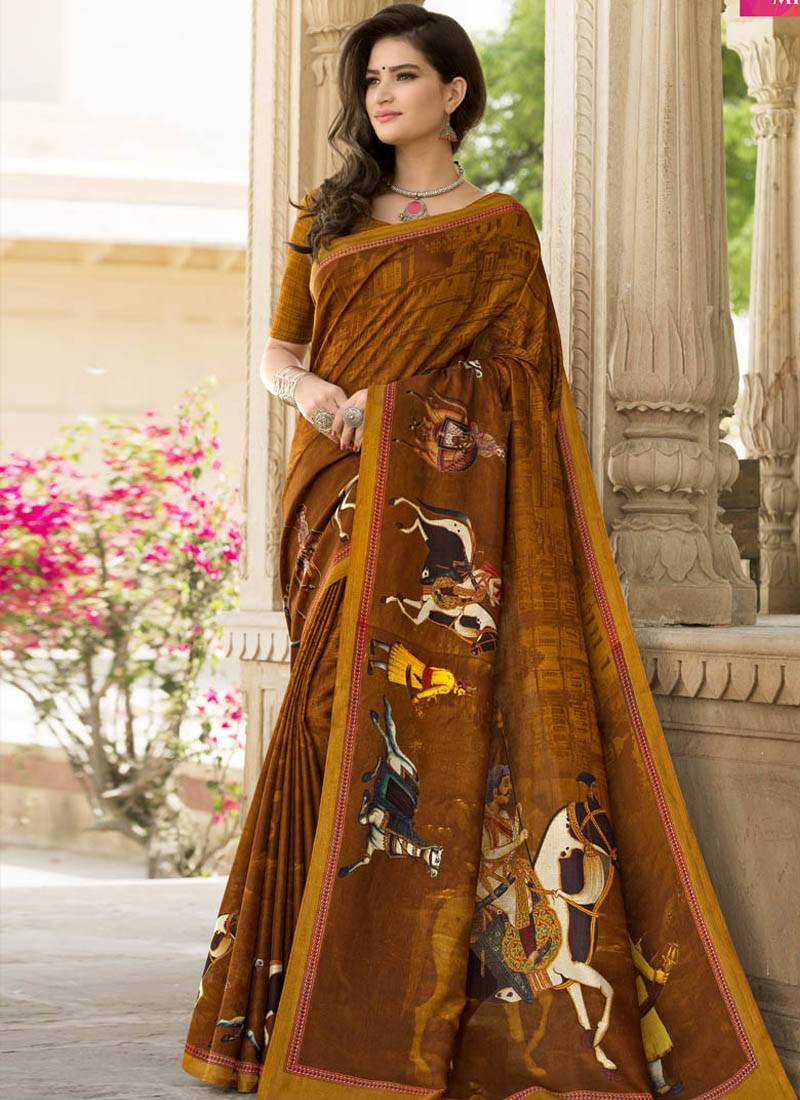 Women's Crepe Mustard Printed Designer Saree With Blouse Piece