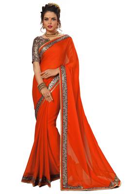 Orange printed chiffon saree with blouse 1