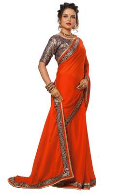 Orange printed chiffon saree with blouse 3